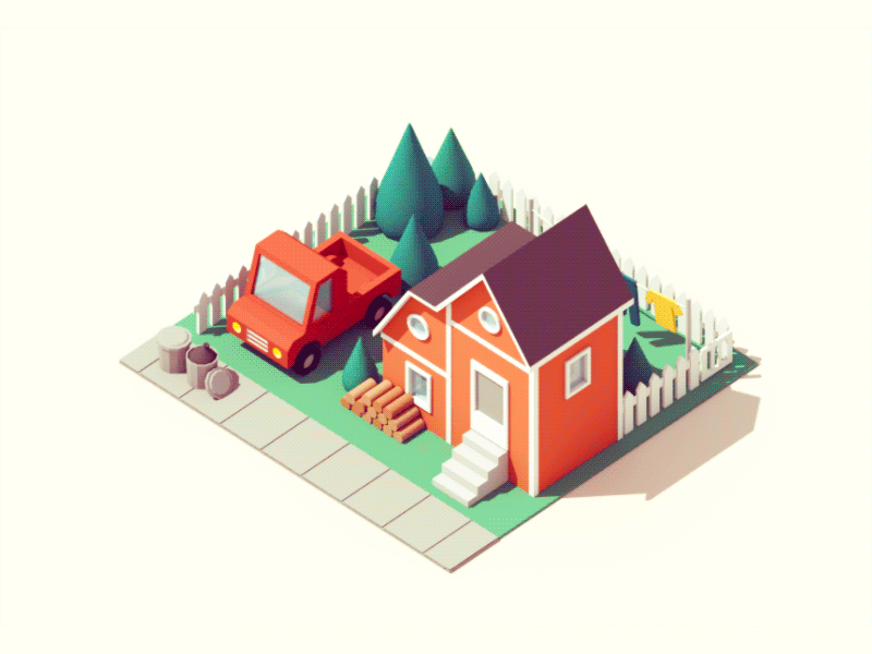Red House 3d animation car cd4 flood house illustration isometric truck water