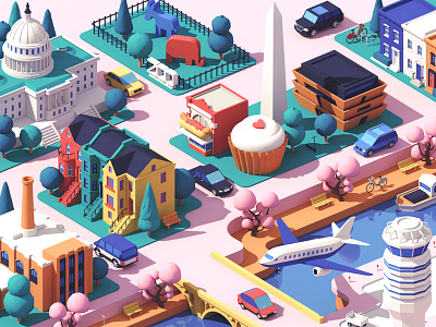 Lyft / Washington DC 3d buildings c4d city illustration isometric town washington washington dc