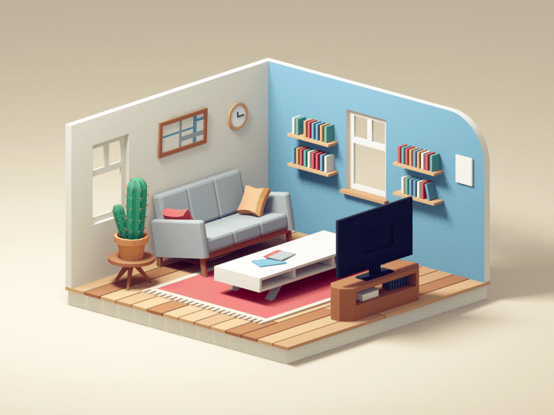 New Condo 3d animation c4d construction gif house illustration isometric livingroom moving room vray