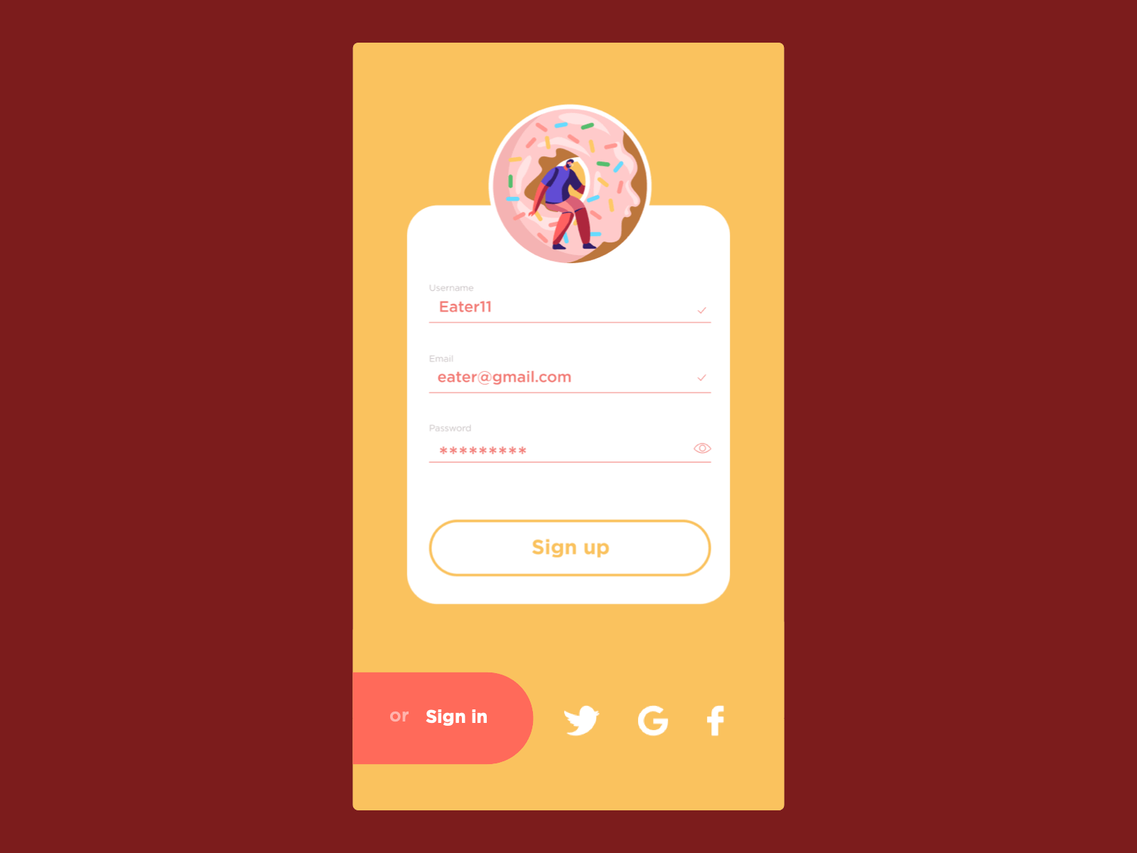sign in/up from for food delivery app animated app dailyui mobile ui principle registration form ui