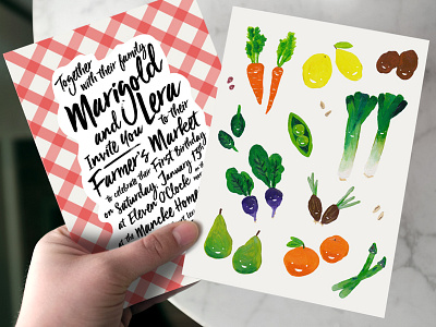 Twins' First Birthday acrylic childrens farmers market illustration invitation painting script vegetables