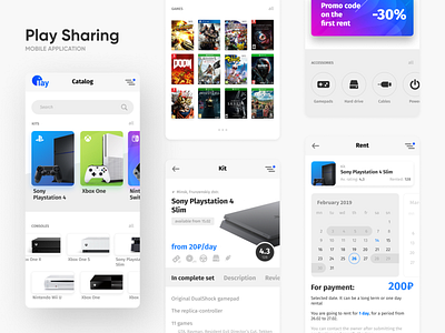 Play Sharing - Rent of consoles and game equipment app application catalog console design equipment game games interaction interface mobile mobile app nintendo play playstation rent sharing ui ux xbox