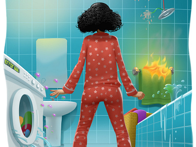 Oops, something went wrong accident bath bathroom charachter design fire girl illustration washing machine