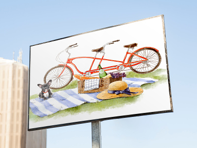 Illustration for housing estate bulldog bycicle dog frenchie hat house illustration picknick summer velo