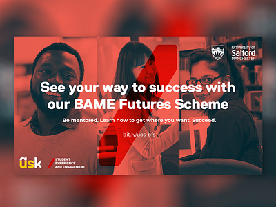 BAME Futures Scheme brand identity branding concept design digital graphic design logo screensaver typography university of salford vector © sasha wates
