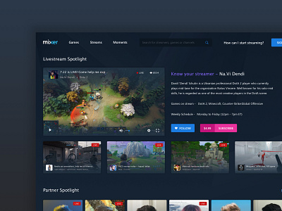 Mixer Re-design: Livestream Spotlight darktheme gaming livestream mixer sketchapp ui uiux web webdesign