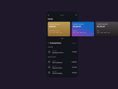 Balance Project - WALLET animation balance bank bank card budget card clean dark mode design interaction mobile motion parallax stats swipe transition ui ux wallet