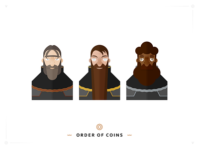 Order of Coins avatar beard blind branding card character character design clothing coins design icon illustration logo metallic monk ui