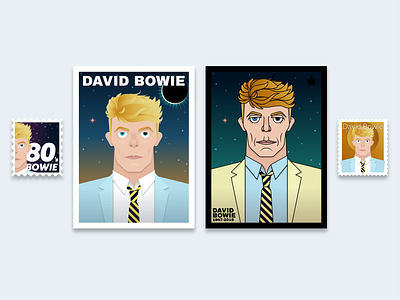 Bowie's Cards and Stamps avatar branding card cards character character design clothing david bowie design icon illustration memorial stamp ui