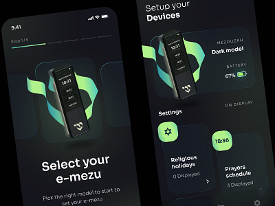 E-mezu Mobile App app application companion connected dark design device green hardware iot mezuzah mobile object religion technology ui ux