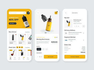 Vape E-Commerce Marketplace App checkout e commerce ecommerce figma homepage landing page marketplace minimalist product page sale vape vaping vapor yellow