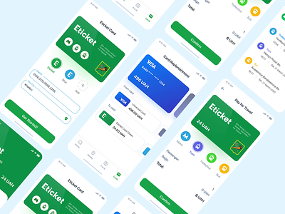 Eticket Green – App for travel payments bank credit debit card banking clean colorful concept flat design interaction layout mobile app money transfer motion graphics payment form topup transport travel ui design user interface ux design