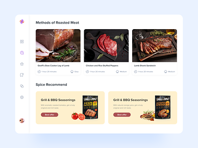Cooking platform – Roasted meat & BBQ bbq butcher shop clean colorful concept cooking app cooking recipe culinary food and drinks food ordering interaction meal planner meal selection meat modern minimal design mvp seasoning ui design ux design web design