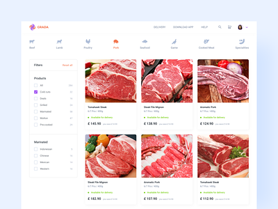 Meat Category — Search & Filter beef butcher shop category clean colorful concept cooking ecommerce filter food ordering page interaction marketplace meat mvp pork search selection page ui design ux design web design
