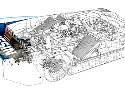Nissan IMSA GTP Race Car automotive cutaway illustration line art racer technical illustration