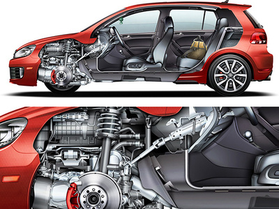 VW GTI advertising automotive cutaway illustration technical illustration