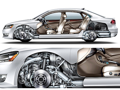 VW Passat advertising automotive cutaway illustration technical illustration