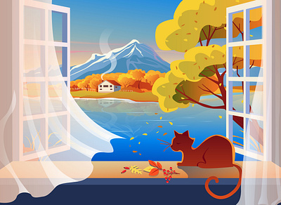 The lake house autumn cat cat lady evening illustration lake lake tahoe landscape mellow autumn mountains pond the lake house tree vacation vector window