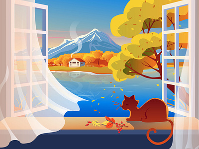 The lake house autumn cat cat lady evening illustration lake lake tahoe landscape mellow autumn mountains pond the lake house tree vacation vector window