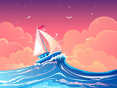 Ship cloud decorative illustration evening gulls illustration illustrations inspiration journey nature illustration pink sailing boat sea sea sunset seascape summer sunset vector vector artwork wind