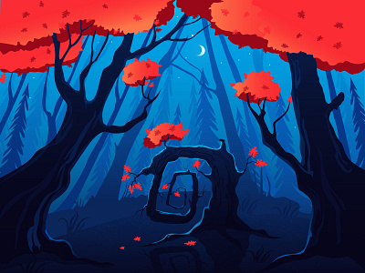 Square oak blue decorative illustration dense forest flatdesign forest illustration night oak orange red trees vector vector artwork vector illustration