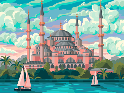 Suleymaniye Mosque architecture beresnevgames coloringbook decorative illustration evening gallerythegame gameillustration illustration landscape pink small the clouds vector vector artwork vectorillustration yacht
