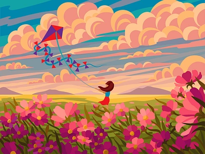 Girl and flower field beresnevgames clouds coloring coloringbook decorative illustration evening flat illustration flowers gallerythegame gameillustration illustration kite landscape nature nature illustration pink sky vector vector artwork vector illustration wind