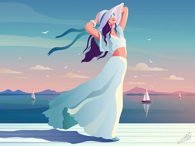 Sea holidays branding decorative illustration design evening girl girl character girl illustration illustration illustration art nature illustration rest sea sea life sea sunset seascape the girl in the hat vacation vector vector artwork vectorillustration