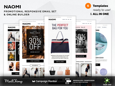 Naomi - Promotional Email Set with Online Builder builder campaignmonitor creative dragdrop ecommerce emailbuilder emailtemplate fashion modulescomposer multipurpose newsletter psd2newsletters responsive startup