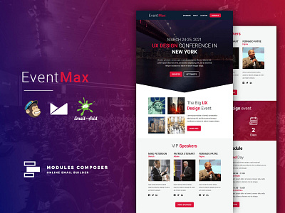 EventMax - Responsive Email for Events & Conferences with Online builder campaignmonitor conferences dragdrop ecommerce emailbuilder emailtemplate events modulescomposer multipurpose newsletter psd2newsletters responsive startup