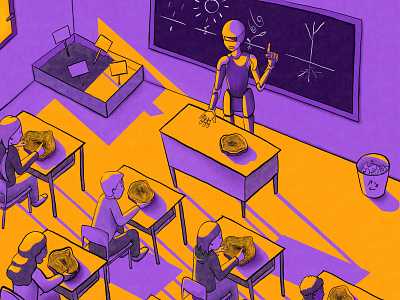 School & robots art background character classroom color design drawing education illustration light nature procreate purple robots school yellow