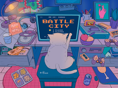 A hustle night cat illustration snacks video game