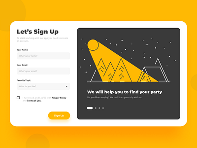 Sign Up UI account app app design button camp cta light moon party registration shadow signup slider social ui uidesign ux web webdesign yellow
