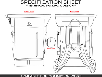 TECHNICAL Backpack Design with Specification Sheet backpack bag design factory fashion handbag illustration manufacture slingbag specification sheet technical techpack waistbag