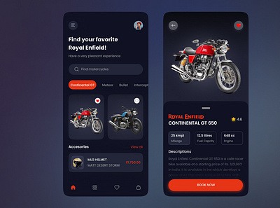 Motorcycle - Mobile App Design app app design bike blacktheme branding clean concept design graphic design minimal mobile ui uidesign uiux userinterface ux