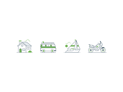 Travel icons car dirtbike home house icon illustration illustrator lineart minimal motorcycle ocean sailboat travel ui van vector vehicle volkswagen