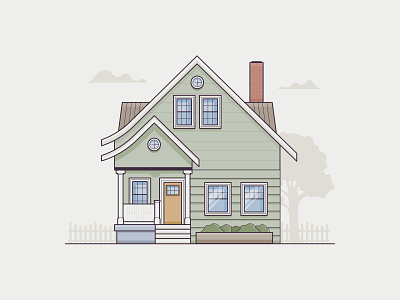 Cottage chimney clouds cottage design fence home house icon iconography illustration plants porch tree window