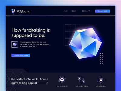 Polylauch landing crypto currency dark diamond glow gradient grid iconography illustration landing nft technology texture typography ui website