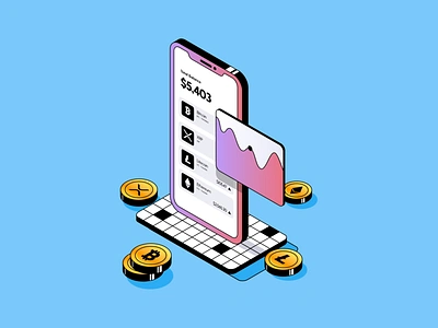 Crypto Trading 3d bitcoin chart crypto eth gradient grid growth icon illustration isometric litecoin minimal money phone reflection ripple trading ui vector