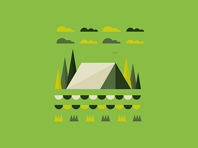 Into The Woods camp clouds grass green illustration illustrator minimal nature tent tree vector water
