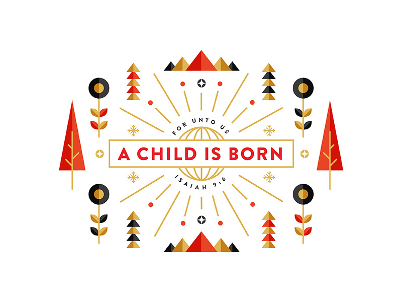 A child is born verse minimal letterpress screen print holiday gold flower sun tree christmas