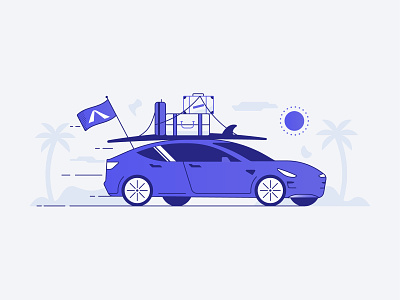 Moving on auto avinew beach car flag icon illustration insurance luggage ocean surf tesla travel