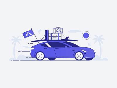 Moving on auto avinew beach car flag icon illustration insurance luggage ocean surf tesla travel