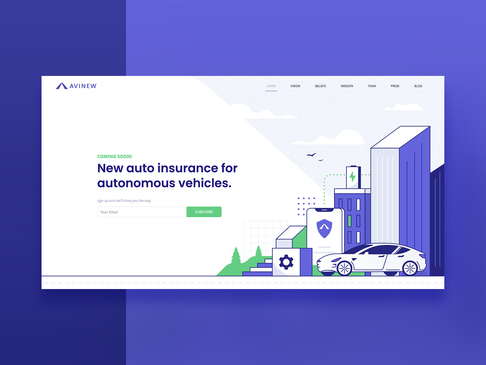 Avinew Homepage auto avinew car city icon illustration insurance minimal tesla ui ux vector