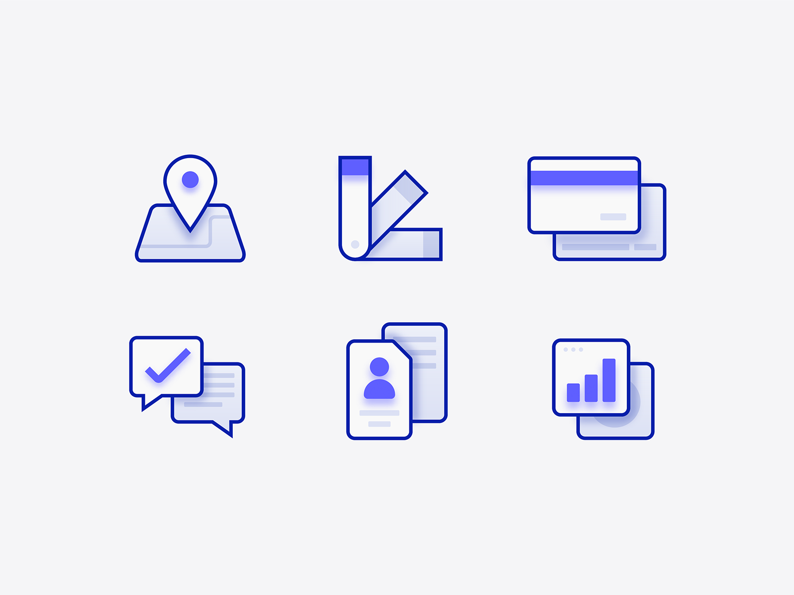 Depth icons minimal illustration iconography data chart growth id messaging credit card payment design art icon location