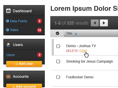 Admin UI - Dark admin interface list sidebar ui