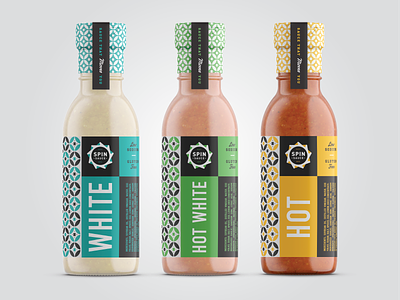 Spin Sauce II bottle brand branding identity labels logo packaging pattern sauce vector