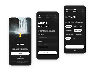 Orion Travel - Create Account Concept adobexd app app design dark theme dark ui design form form ui sign up sign up ui signup ui ui ux ux