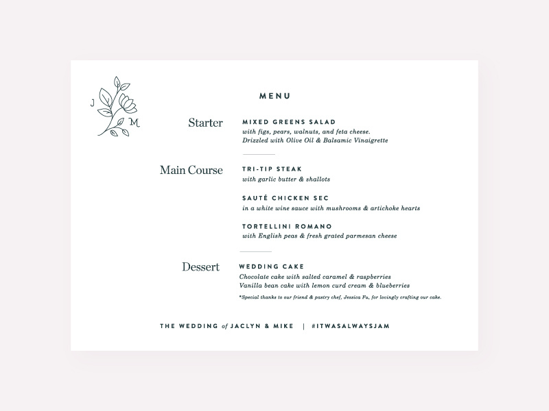 Simple Menu Design for J&M Wedding by Jaclyn Lee Bergmann on Dribbble