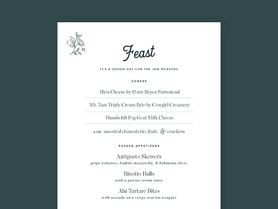 Hors d'oeuvres Menu for J&M Wedding event collateral menu print wedding